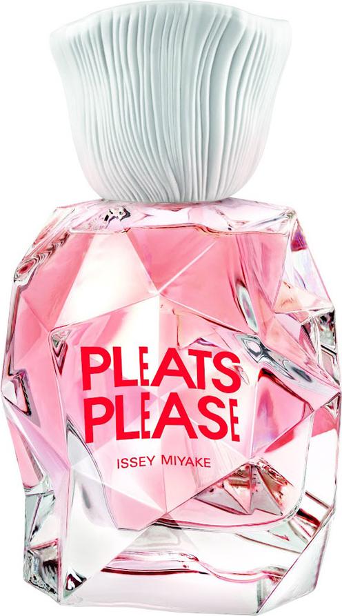 Flakon perfum Issey Miyake Pleats Please woda toaletowa 50ml z charakterystycznymi plisowanymi fasetkami na białym tle
