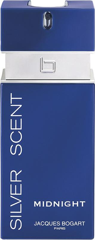 Flacon wody toaletowej Jacques Bogart Silver Scent Midnight 100ml dla mężczyzn na białym tle z eleganckim opakowaniem marki