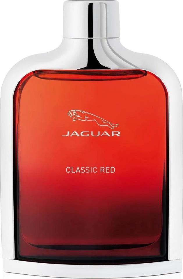 Flacon wody toaletowej Jaguar Classic Red 100ml dla mężczyzn w eleganckim opakowaniu marki Jaguar na białym tle