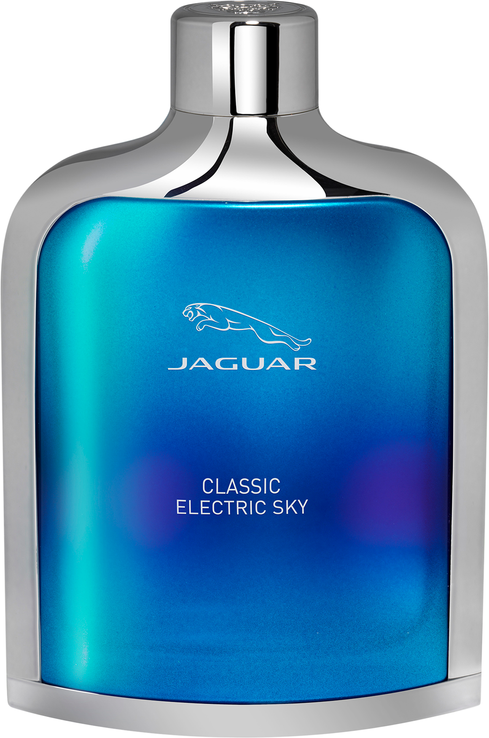 Flacon wody toaletowej Jaguar Classic Electric Sky 100ml na białym tle - eleganckie perfumy męskie w szklanym opakowaniu z logo marki Jaguar