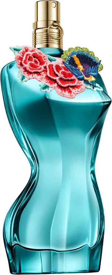 Flacon perfum Jean Paul Gaultier La Belle Paradise Garden woda perfumowana 50ml w turkusowym opakowaniu na białym tle