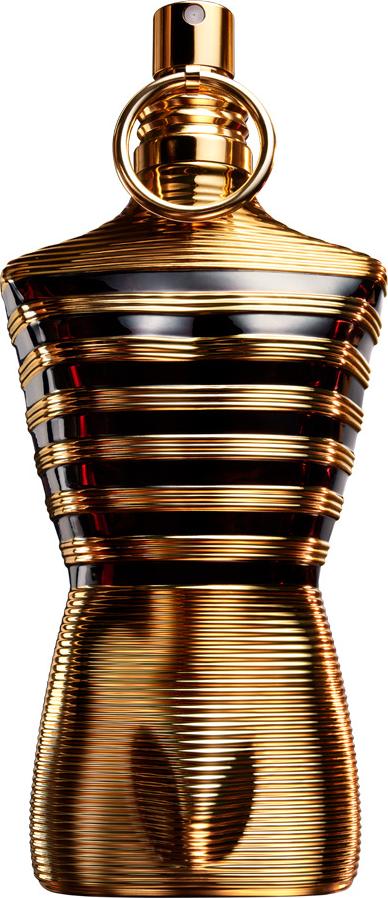 Jean Paul Gaultier Le Male Elixir perfumy męskie 75ml w eleganckim złotym flakonie na białym tle z logo marki i nazwą produktu