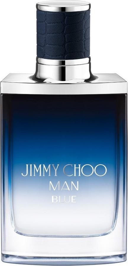Flacon wody toaletowej Jimmy Choo Man Blue 50ml dla mężczyzn na białym tle z eleganckim opakowaniem marki Jimmy Choo