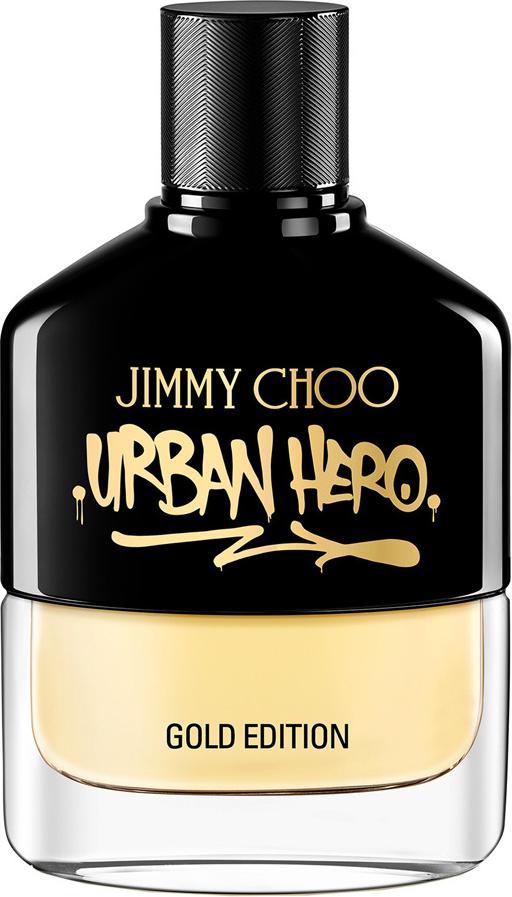 Flacon perfum Jimmy Choo Urban Hero Gold Edition woda perfumowana 50ml dla mężczyzn w eleganckim złotym opakowaniu na białym tle