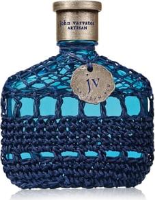 Flacon wody toaletowej John Varvatos Artisan Blu 125ml dla mężczyzn na białym tle z niebieskim opakowaniem i logotypem marki