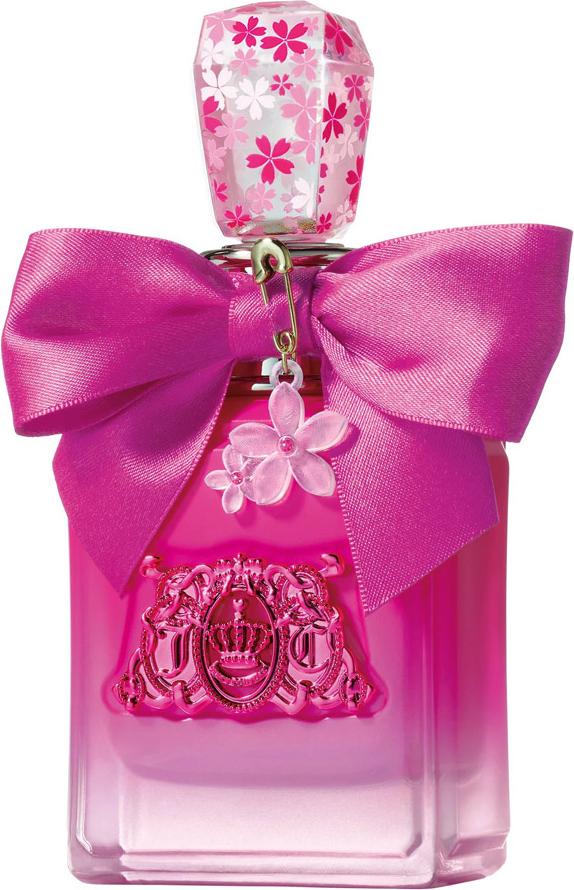 Flacon perfum Juicy Couture Viva La Juicy Petals Please woda perfumowana damska 100ml na białym tle z eleganckim różowym opakowaniem marki