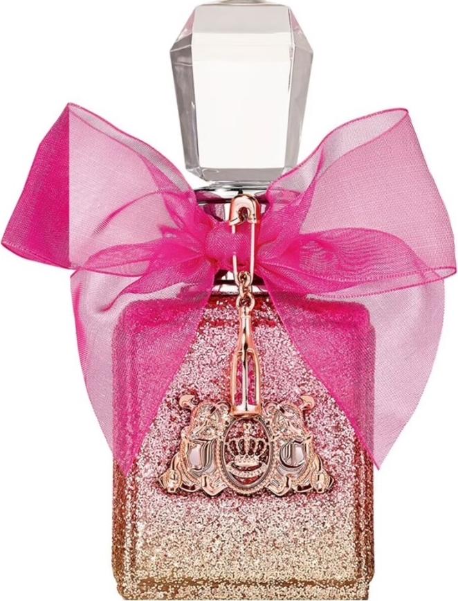 Flacon perfum Juicy Couture Viva La Juicy Rose woda perfumowana 50ml w eleganckim opakowaniu z logo marki na różowym tle kwiatowym