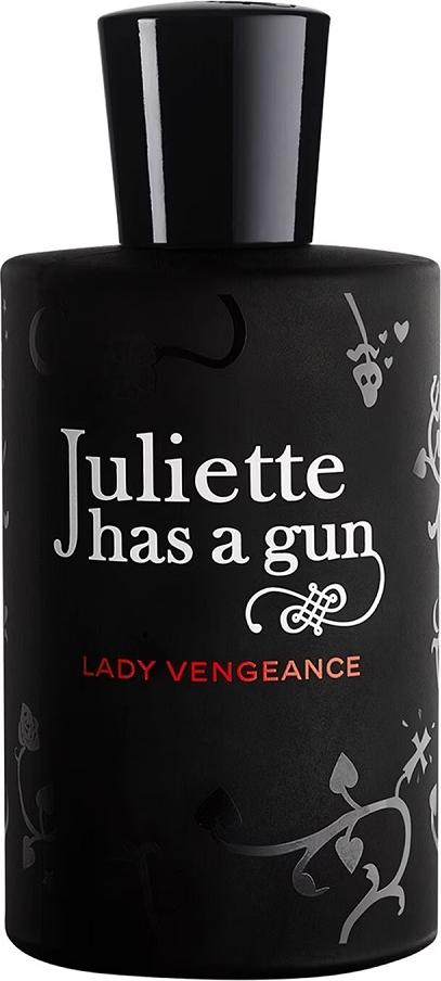 Czarny elegancki flakon wody perfumowanej Juliette has a Gun Lady Vengeance 50ml z luksusowym opakowaniem marki na białym tle
