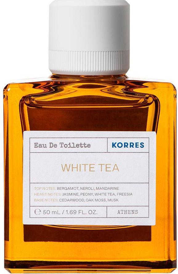 Korres White Tea woda toaletowa 50ml - flacon uniseksowych perfum z naturalną kompozycją kwiatowo-drzewną na białym tle