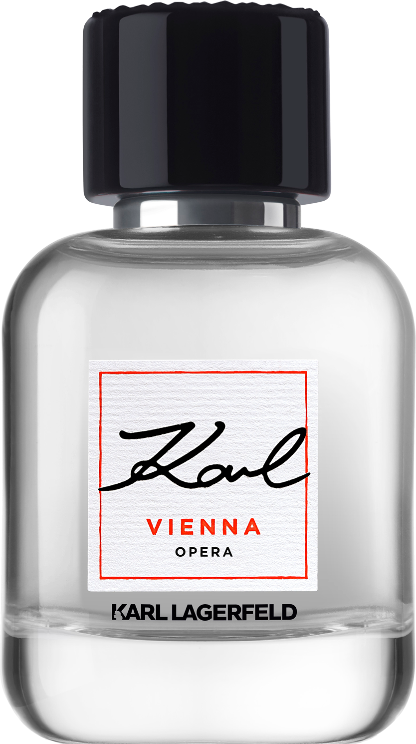 Flacon wody toaletowej Karl Lagerfeld Vienna 60ml dla mężczyzn z minimalistycznym designem na białym tle z opakowaniem marki Karl Lagerfeld