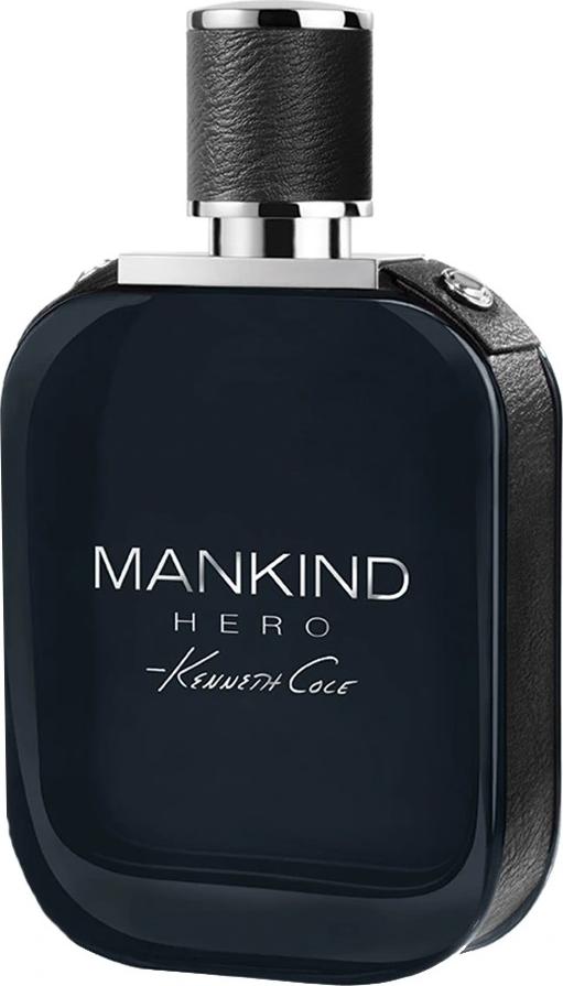 Flacon wody toaletowej Kenneth Cole Mankind Hero 100ml dla mężczyzn na białym tle z eleganckim opakowaniem marki Kenneth Cole