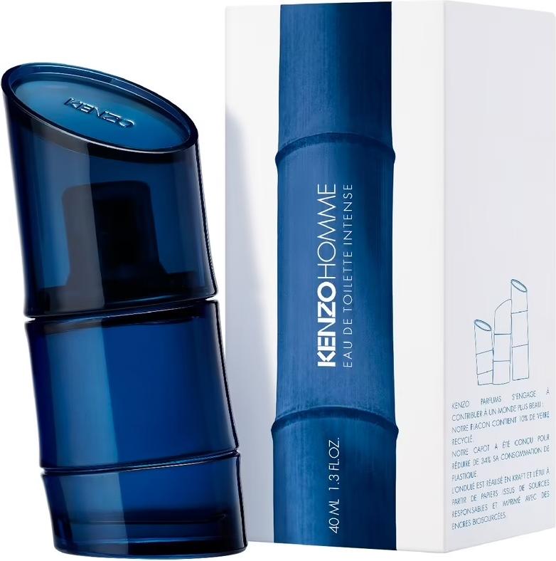 Flacon perfum Kenzo Homme Eau de Toilette Intense 110ml w eleganckiej butelce inspirowanej bambusem na białym tle z logo marki Kenzo