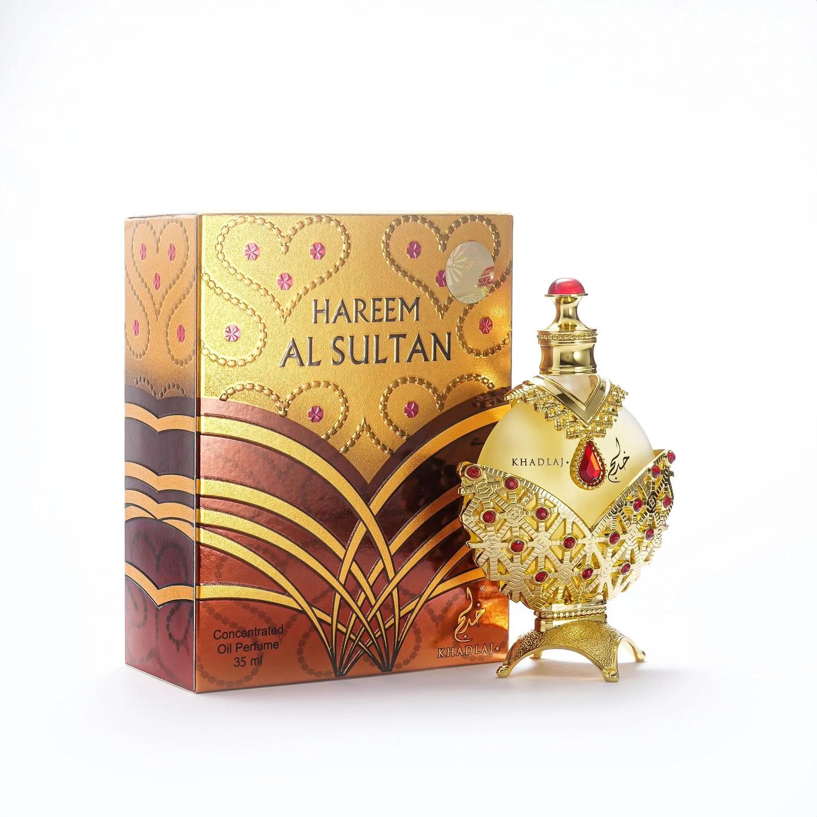 Khadlaj Hareem Al Sultan Gold olejek perfumowany 35ml w eleganckim, bogato zdobionym flakonie na białym tle - luksusowe perfumy orientalne