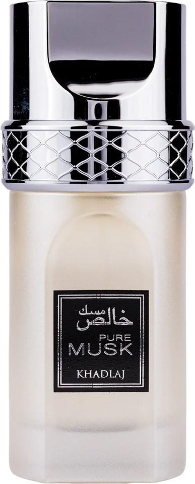 Flacon perfum Khadlaj Pure Musk woda perfumowana 100ml unisex o orientalno-kwiatowym zapachu z piżmem, irysem i bursztynem w eleganckiej butelce