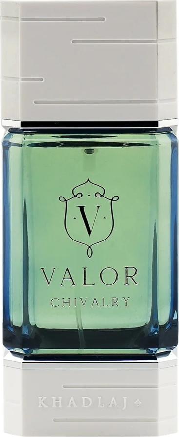 Flacon perfum Khadlaj Valor Chivalry woda perfumowana 100ml unisex w eleganckim opakowaniu z logo marki na białym tle do sklepu online