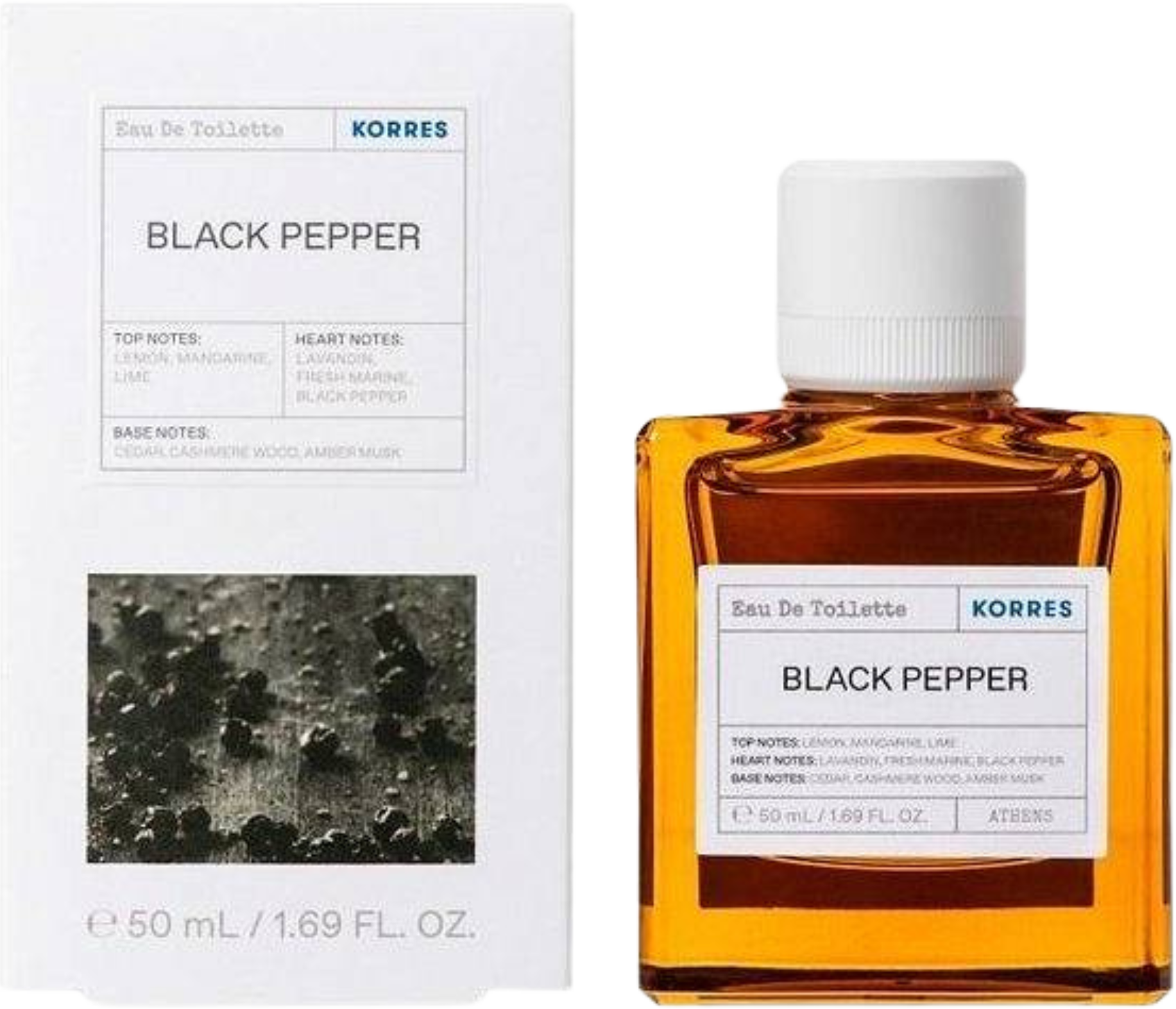 Flacon męskiej wody toaletowej KORRES Black Pepper 50ml z eleganckim opakowaniem marki Korres na białym tle, perfumy orientalno-drzewiaste