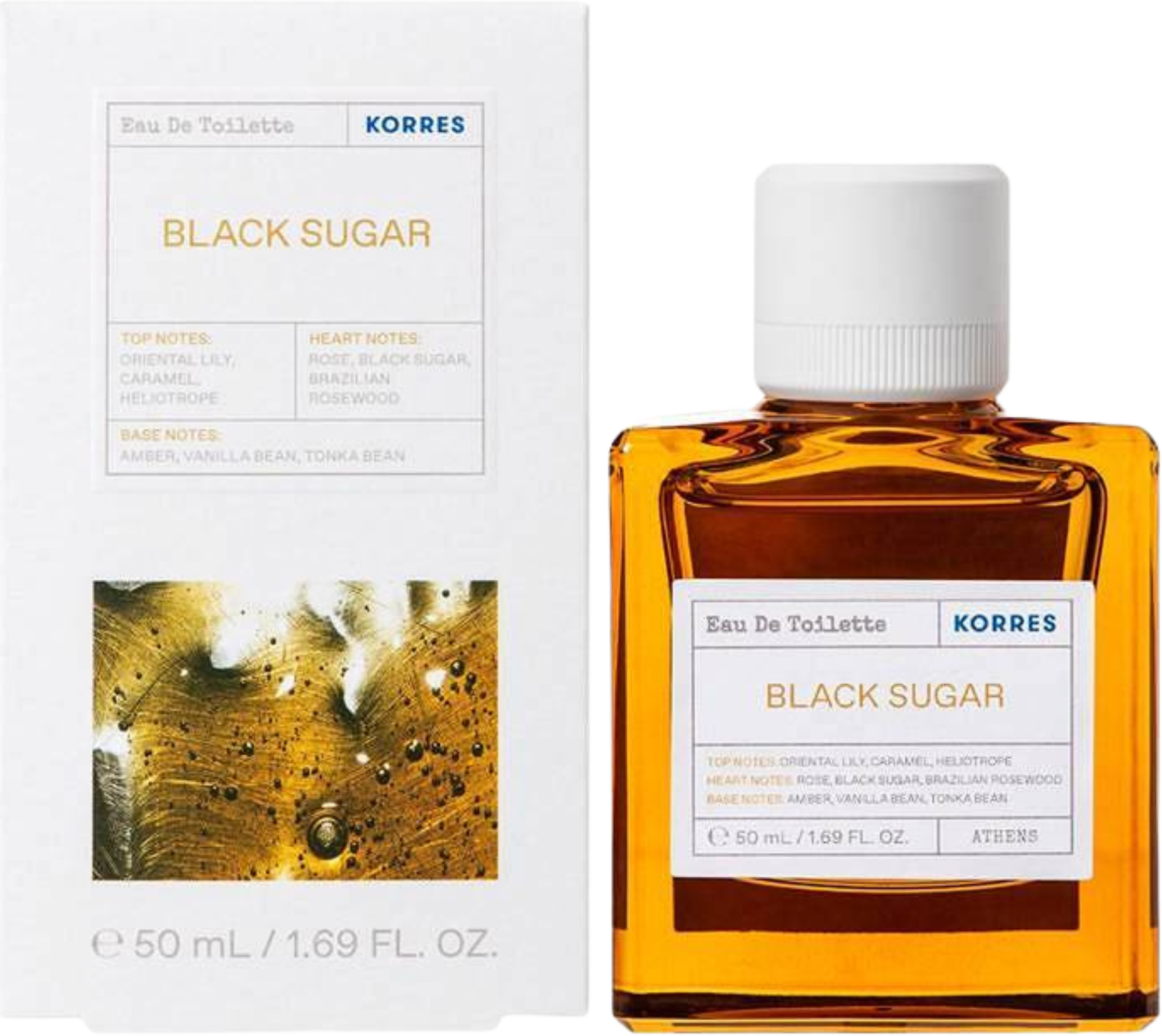 Flacon wody toaletowej Korres Black Sugar 50ml - eleganckie opakowanie zmysłowych perfum unisex o orientalno-waniliowej kompozycji marki Korres