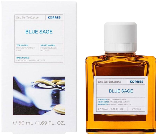 Flacon wody toaletowej KORRES Blue Sage 50ml dla mężczyzn - eleganckie opakowanie męskich perfum z naturalną kompozycją zapachową szałwii