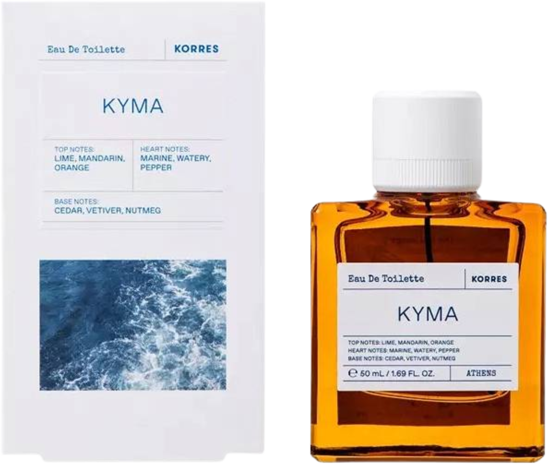 Flacon wody toaletowej KORRES Kyma 50ml z orzeźwiającym zapachem morskiej bryzy na białym tle z eleganckim opakowaniem marki Korres