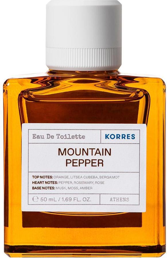 Korres Mountain Pepper woda toaletowa 50ml w eleganckim flakonie - unisex perfumy z nutami cytrusów, pieprzu i piżma na białym tle