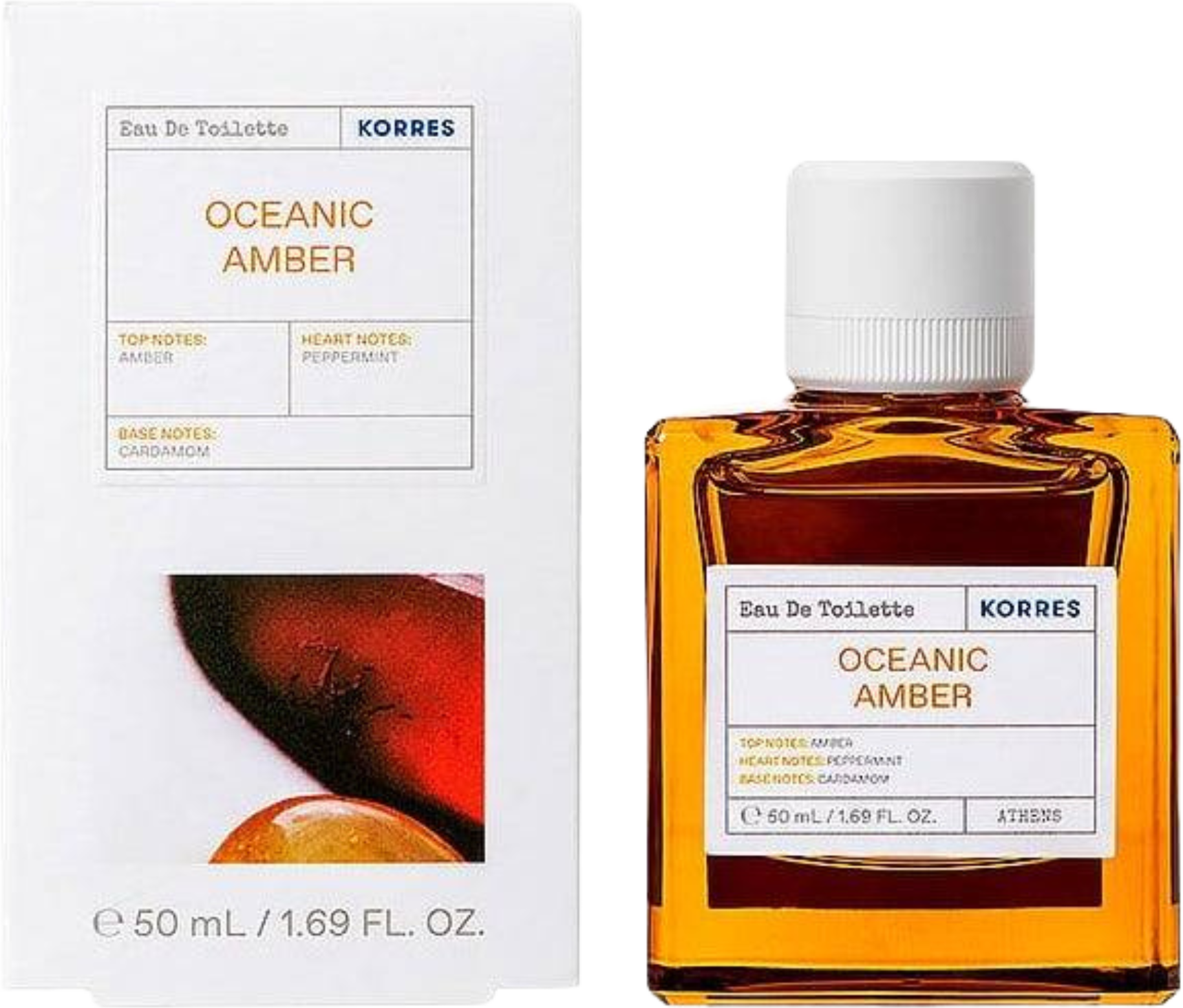 Flacon wody toaletowej KORRES Oceanic Amber 50ml - eleganckie opakowanie perfum unisex o świeżo-orientalnym zapachu z nutami bursztynu