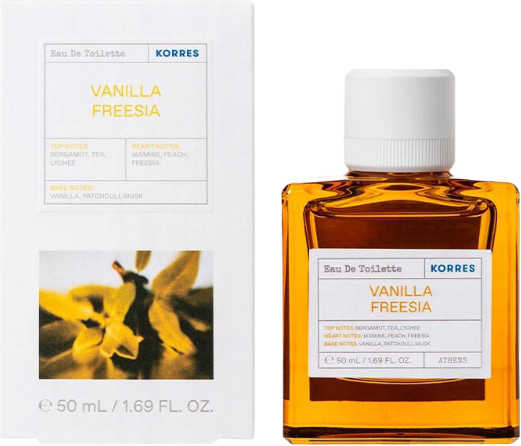 Flacon wody toaletowej Korres Vanilla Freesia 50ml z eleganckim opakowaniem marki Korres na białym tle - naturalne perfumy damskie z wanilią