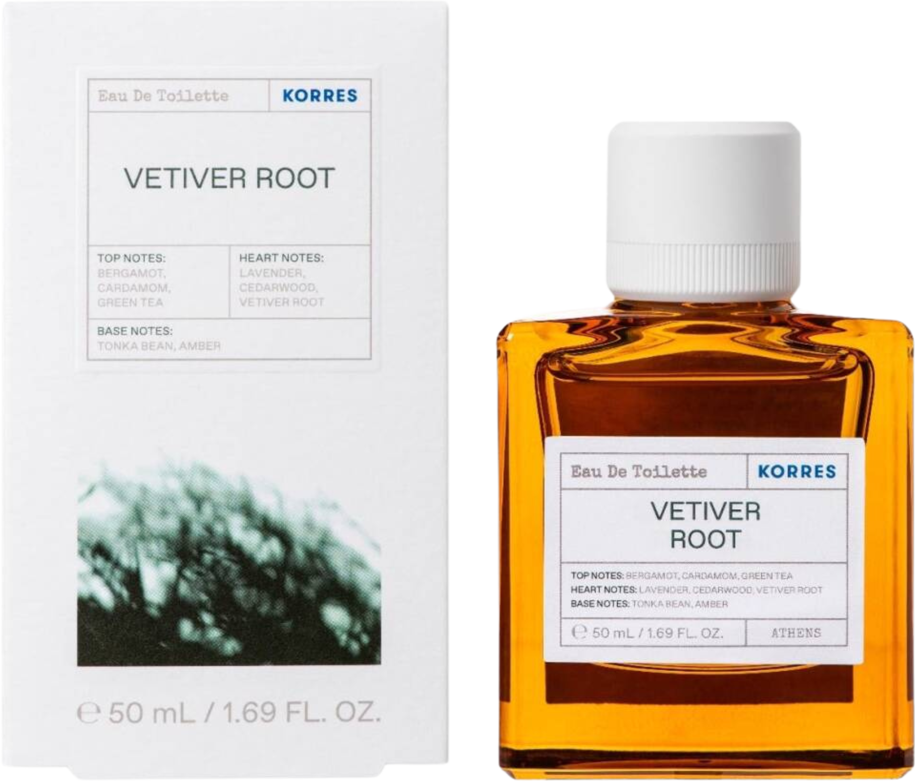 Flacon wody toaletowej KORRES Vetiver Root 50ml dla mężczyzn z naturalnym aromatem korzenia wetiwerii, zielonej herbaty i cedru