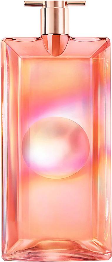 Butelka wody perfumowanej LANCÔME Idôle Nectar w holograficznym fiolecie na białym tle z eleganckim opakowaniem marki Lancôme