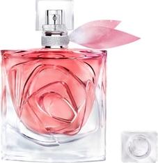 Flakon perfum Lancome La Vie Est Belle Rose Extraordinaire EDP 100ml z wyrzeźbioną różą na eleganckim różowym tle z logo marki
