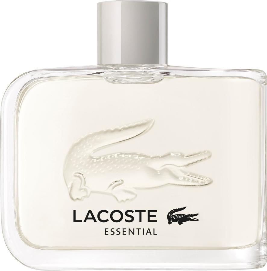 Flacon perfum Lacoste Essential woda toaletowa 75ml dla mężczyzn w eleganckim opakowaniu z logo marki Lacoste na białym tle