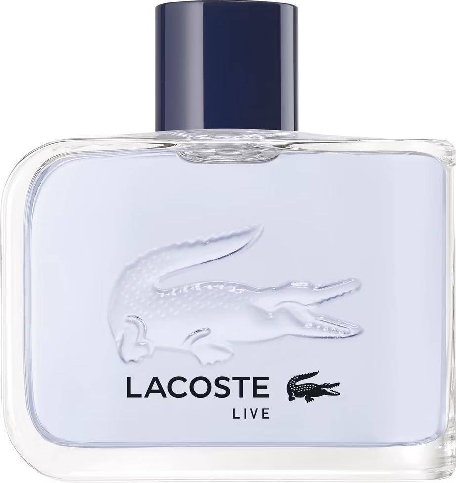 Flacon wody toaletowej Lacoste L!ive Pour Homme 75ml dla mężczyzn z charakterystycznym logo krokodyla marki Lacoste na eleganckim opakowaniu