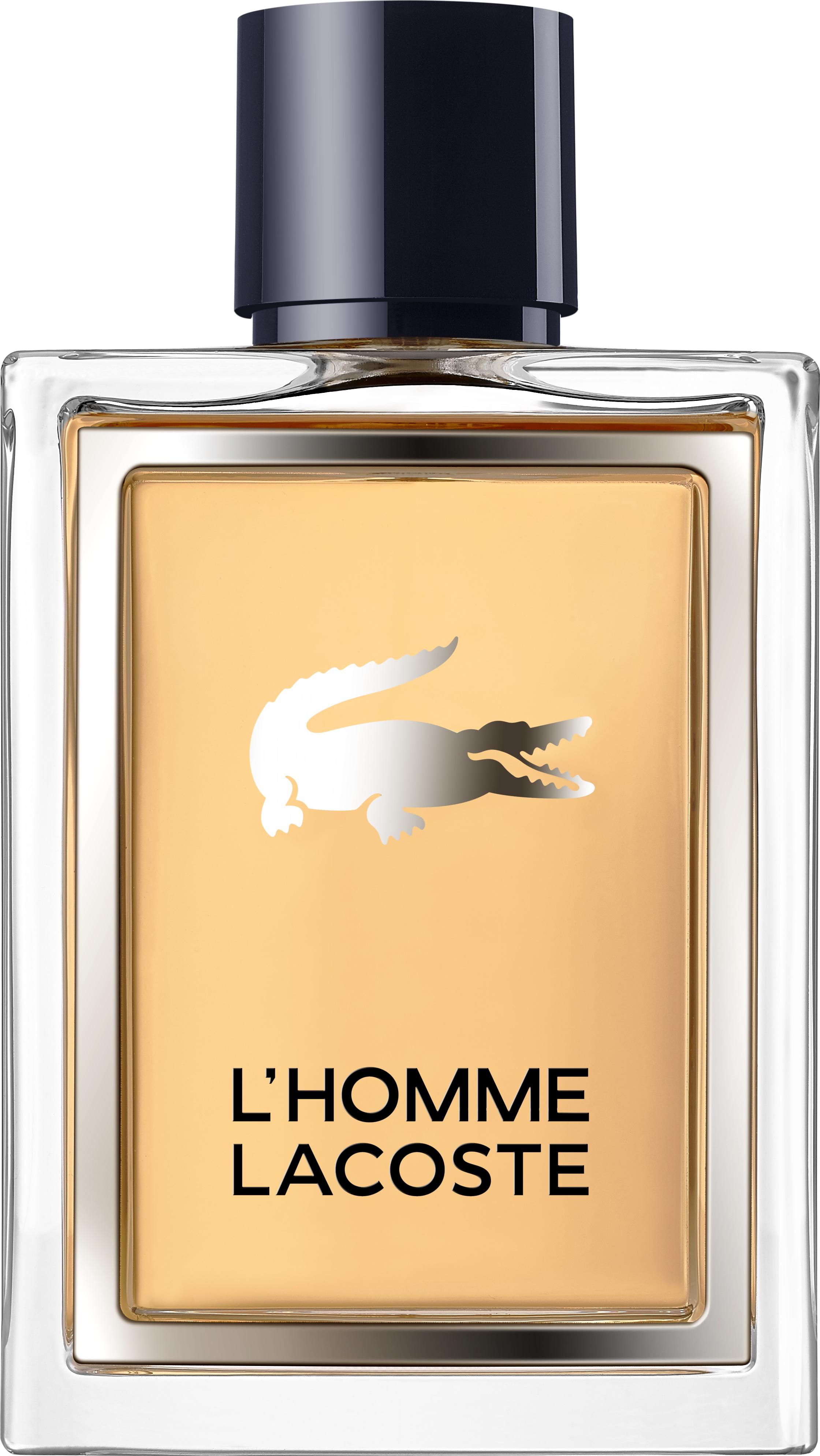 Flacon wody toaletowej Lacoste L'Homme 50ml na białym tle - eleganckie perfumy męskie w stylowym opakowaniu marki Lacoste