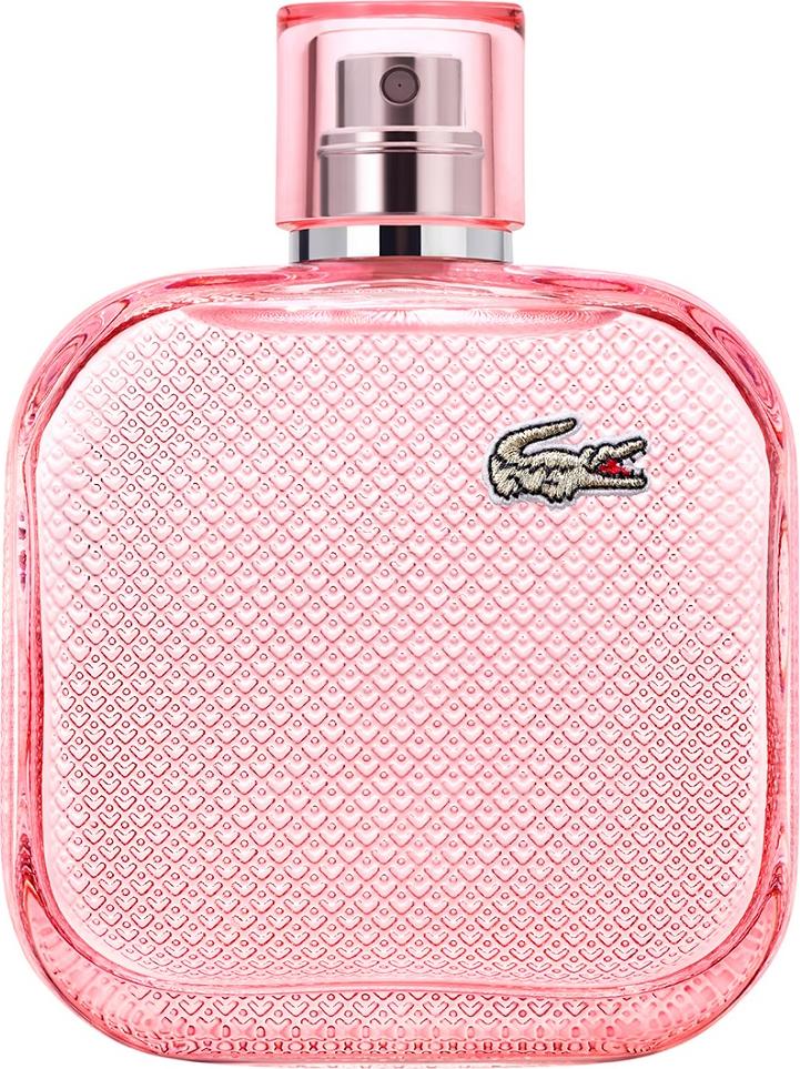Flacon wody toaletowej Lacoste L.12.12 Rose 100ml w eleganckiej butelce z logotypem marki Lacoste na białym tle