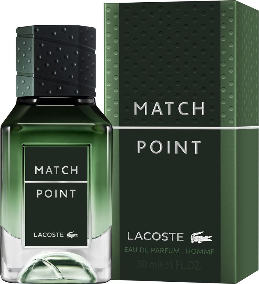 Flakon Lacoste Match Point Eau De Parfum 50ml woda perfumowana dla mężczyzn inspirowany tenisowymi butami na białym tle z logo marki