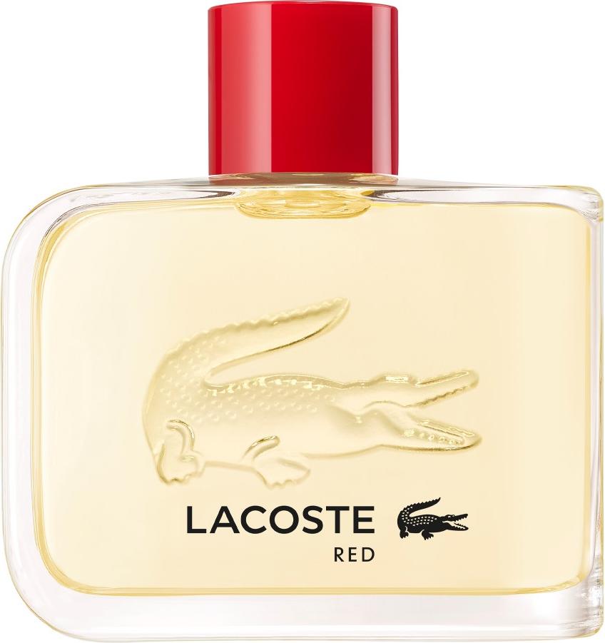 Flacon wody toaletowej Lacoste Red 75 ml dla mężczyzn - eleganckie opakowanie perfum z logo marki Lacoste na białym tle