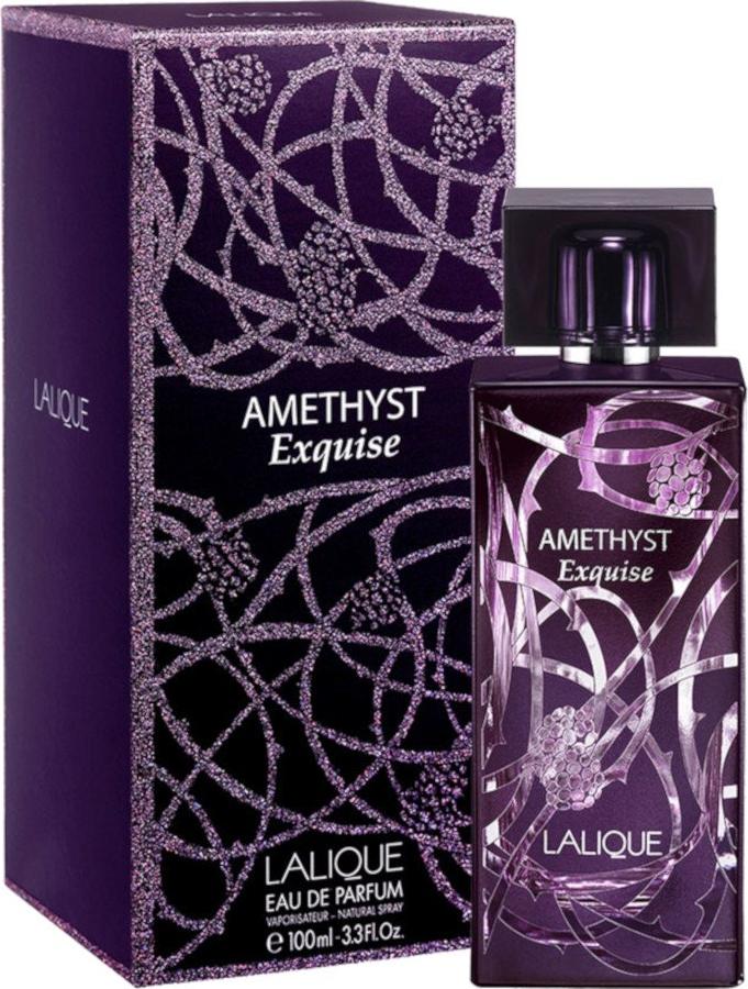 Lalique Amethyst Exquise woda perfumowana 100ml w eleganckim fioletowym flakonie na białym tle z logo marki Lalique widocznym na opakowaniu