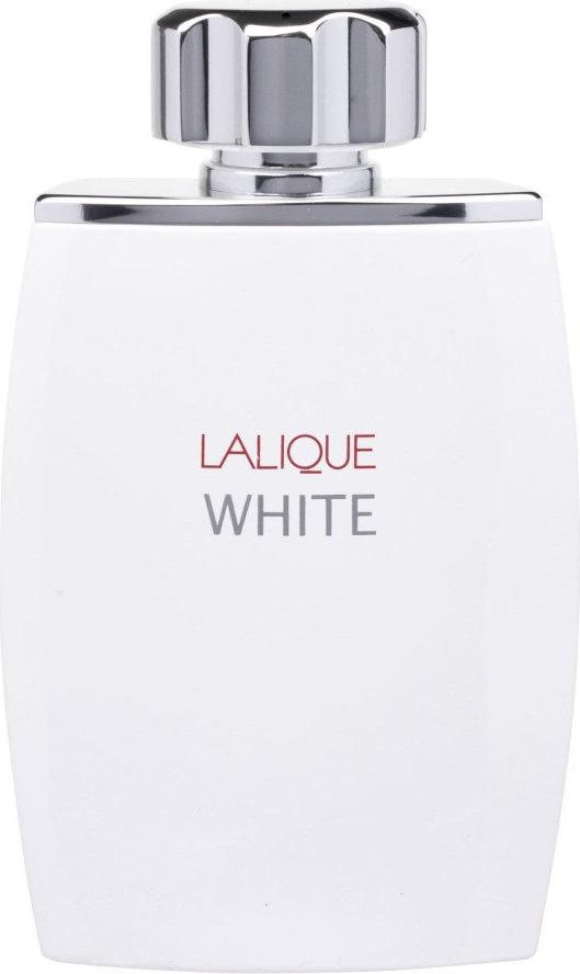 Flacon wody toaletowej Lalique White dla mężczyzn 125ml na białym tle, elegancka butelka perfum marki Lalique w klasycznym designie