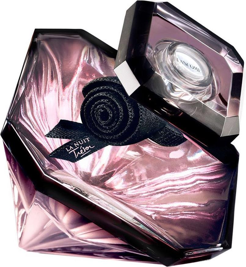Flacon wody perfumowanej LANCÔME Trésor La Nuit na eleganckim tle, prezentujący luksusowe opakowanie zmysłowych perfum damskich marki Lancôme