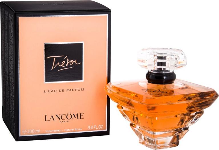 Flacon wody perfumowanej LANCÔME Trésor 100ml w kultowej fasetowanej butelce na białym tle, elegancki zapach owocowo-kwiatowy dla kobiet