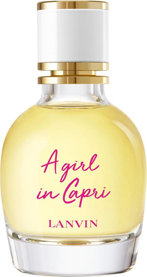 Flacon perfum Lanvin A Girl In Capri woda toaletowa 50ml na białym tle, eleganckie opakowanie z logo marki Lanvin, damskie perfumy
