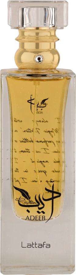 Lattafa Adeeb woda perfumowana 80ml w eleganckiej butelce przypominającej księgę - orientalne perfumy unisex z drzewną kompozycją