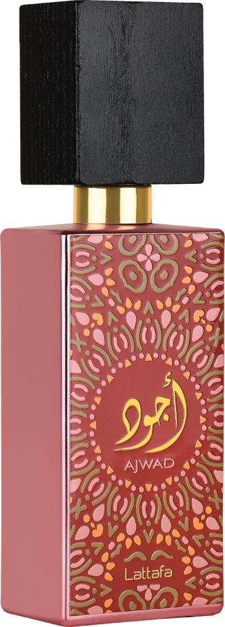 Flacon perfum Lattafa Ajwad Pink To Pink woda perfumowana 60ml w eleganckim opakowaniu, uniseksowy zapach marki Lattafa na białym tle
