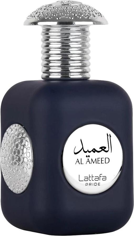 Flacon wody perfumowanej Lattafa Al Ameed 100ml na białym tle - orientalne perfumy marki Lattafa z eleganckim opakowaniem i logo producenta