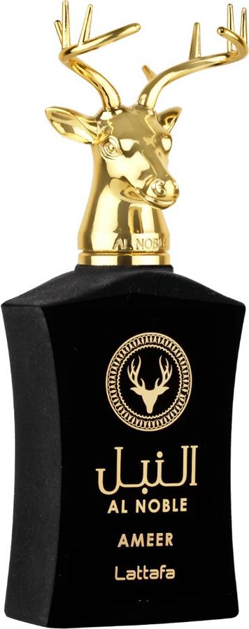 Flacon perfum Lattafa Al Noble Ameer woda perfumowana 100ml unisex o orientalnym zapachu z oudiem, paczulą i różowym pieprzem na białym tle