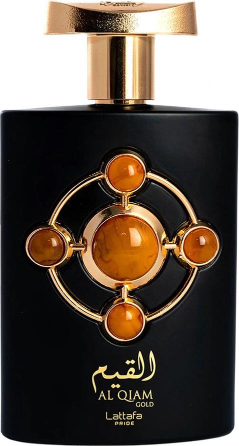 Flacon perfum Lattafa Al Qiam Gold 100ml woda perfumowana unisex w eleganckim opakowaniu z logo marki Lattafa na białym tle