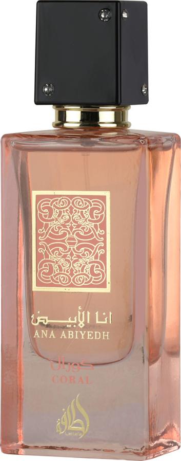 Flacon wody perfumowanej Lattafa Ana Abiyedh Coral 60ml na białym tle - eleganckie opakowanie perfum unisex z tropikalną kompozycją