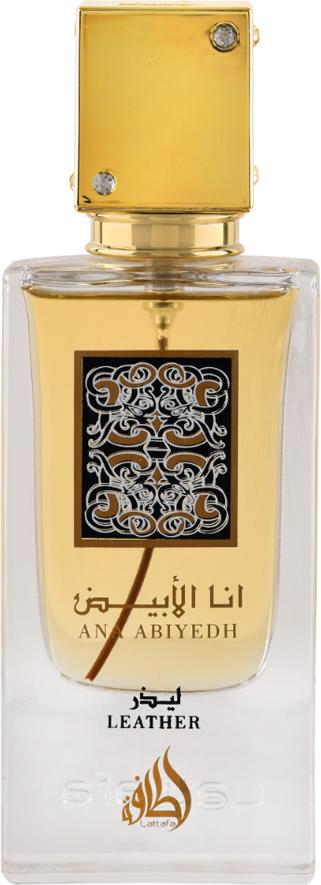 Flacon wody perfumowanej Lattafa Ana Abiyedh Leather 60ml unisex w eleganckim opakowaniu z logo marki na białym tle