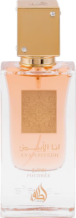 Flacon wody perfumowanej Lattafa Ana Abiyedh Poudree 60ml w eleganckiej butelce, unisex zapach z nutami cytrusowymi i oud na białym tle