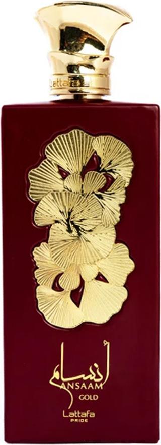 Lattafa Ansaam Gold woda perfumowana 100ml w eleganckim burgundowym flakonie ze złotymi zdobieniami na białym tle