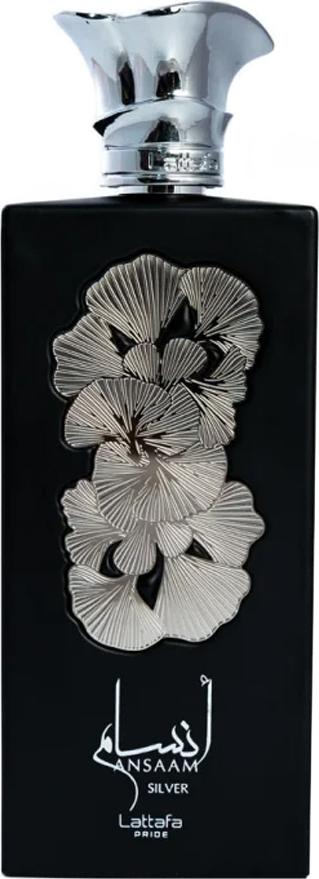 Lattafa Ansaam Silver woda perfumowana 100ml w eleganckim czarnym flakonie z kwiatowym motywem na białym tle